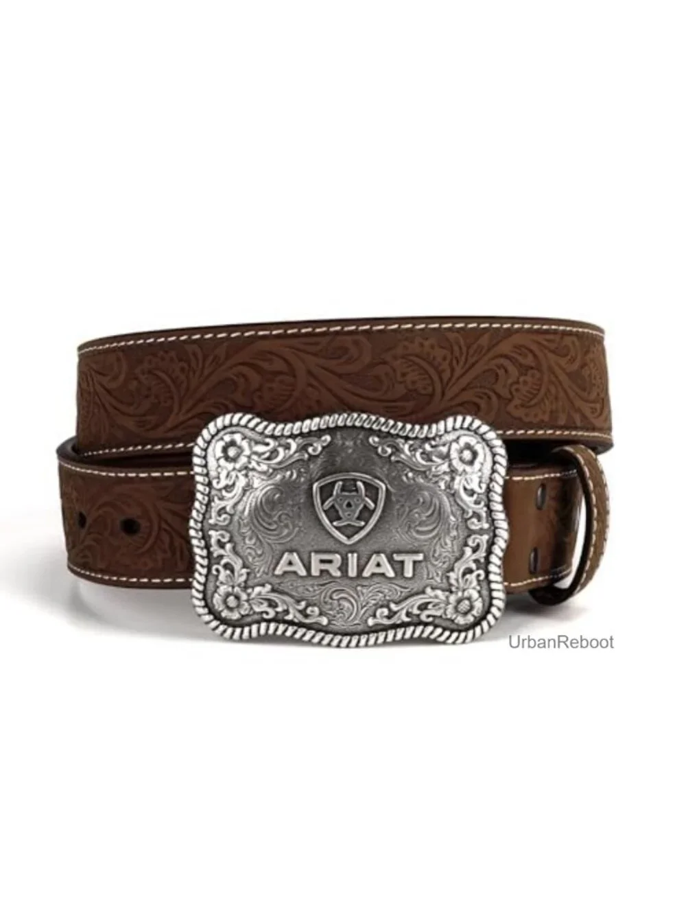 Men's Floral Embossed Genuine Leather Belt with Antique Silver Buckle